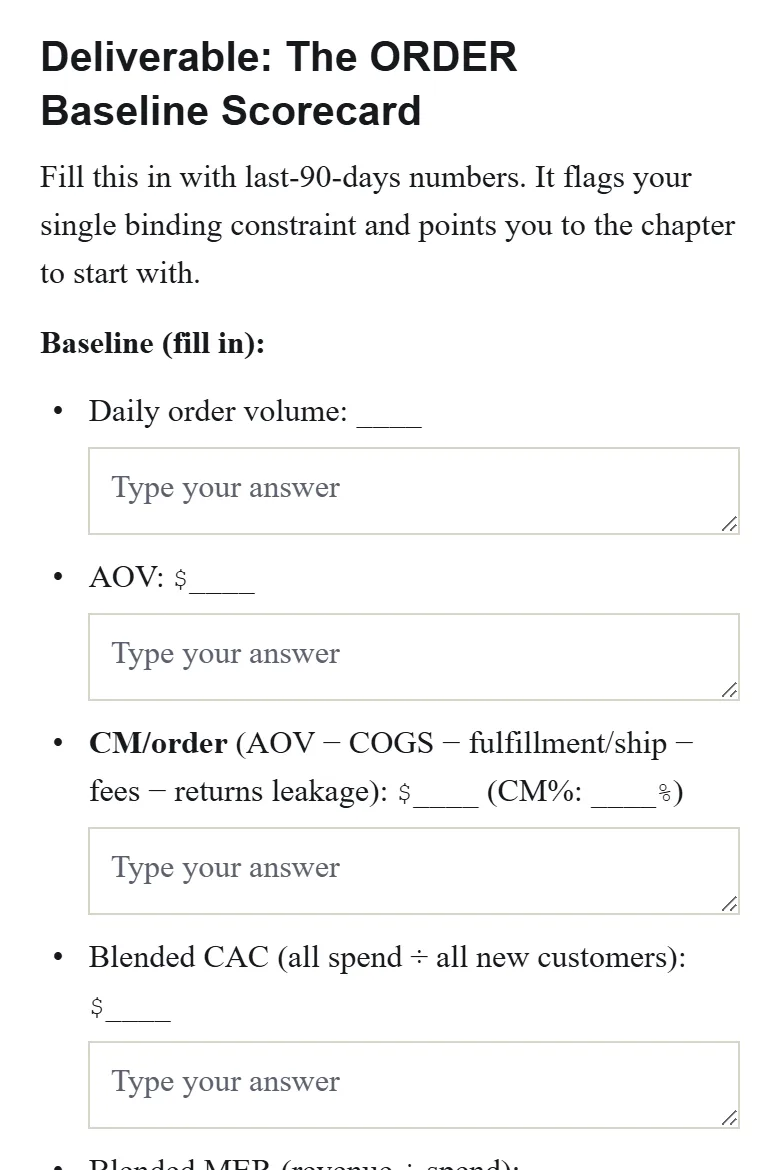 The ORDER Baseline Scorecard in the reader, with boxes to type your numbers into.