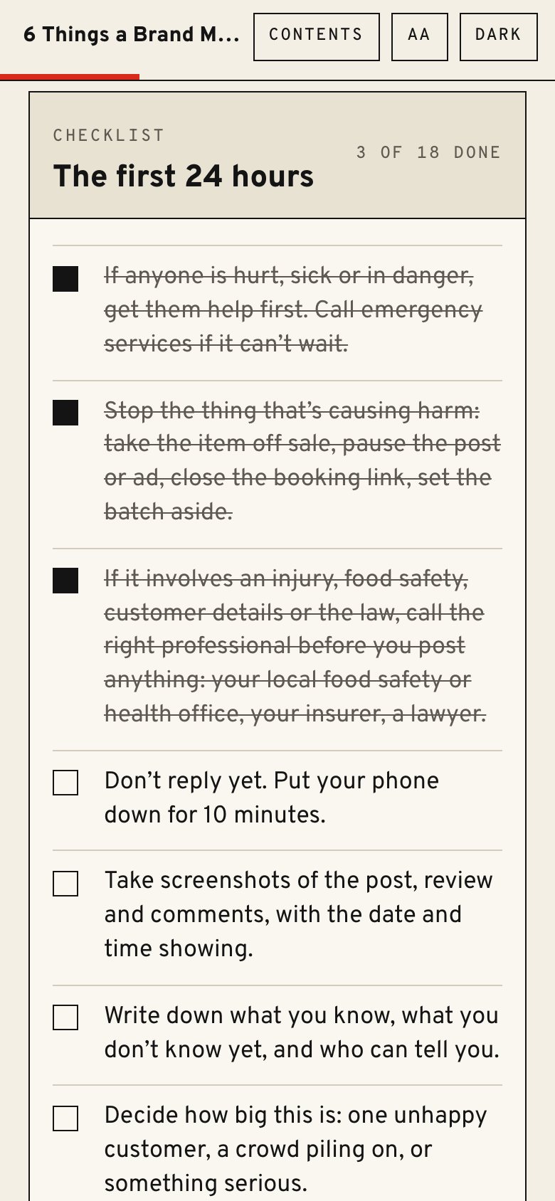 The first-24-hours checklist in the web book, on a phone, with three items ticked.