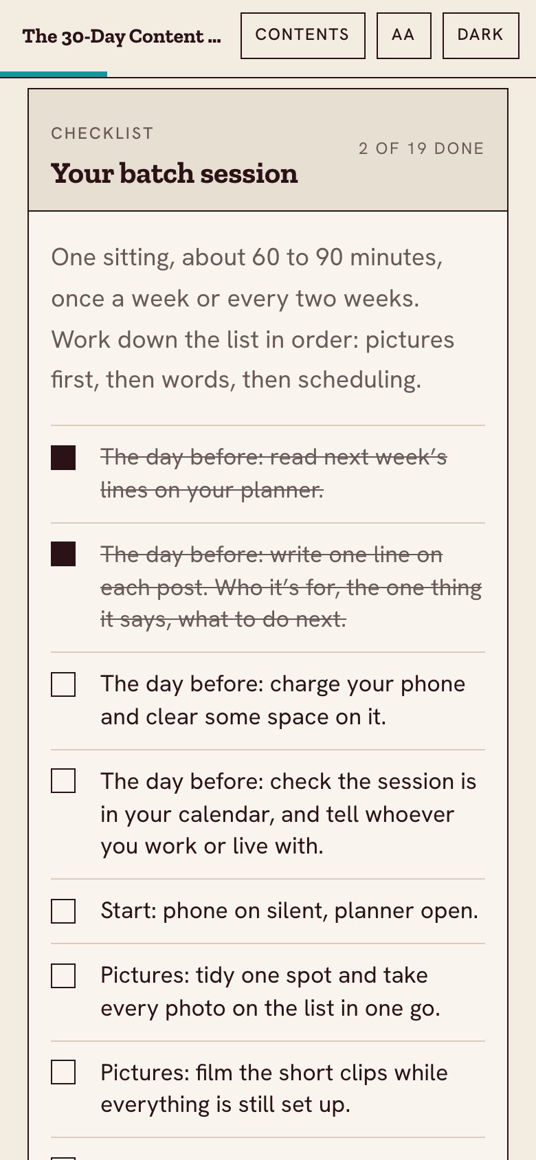 The batch session checklist in the web book, on a phone, with two items ticked.