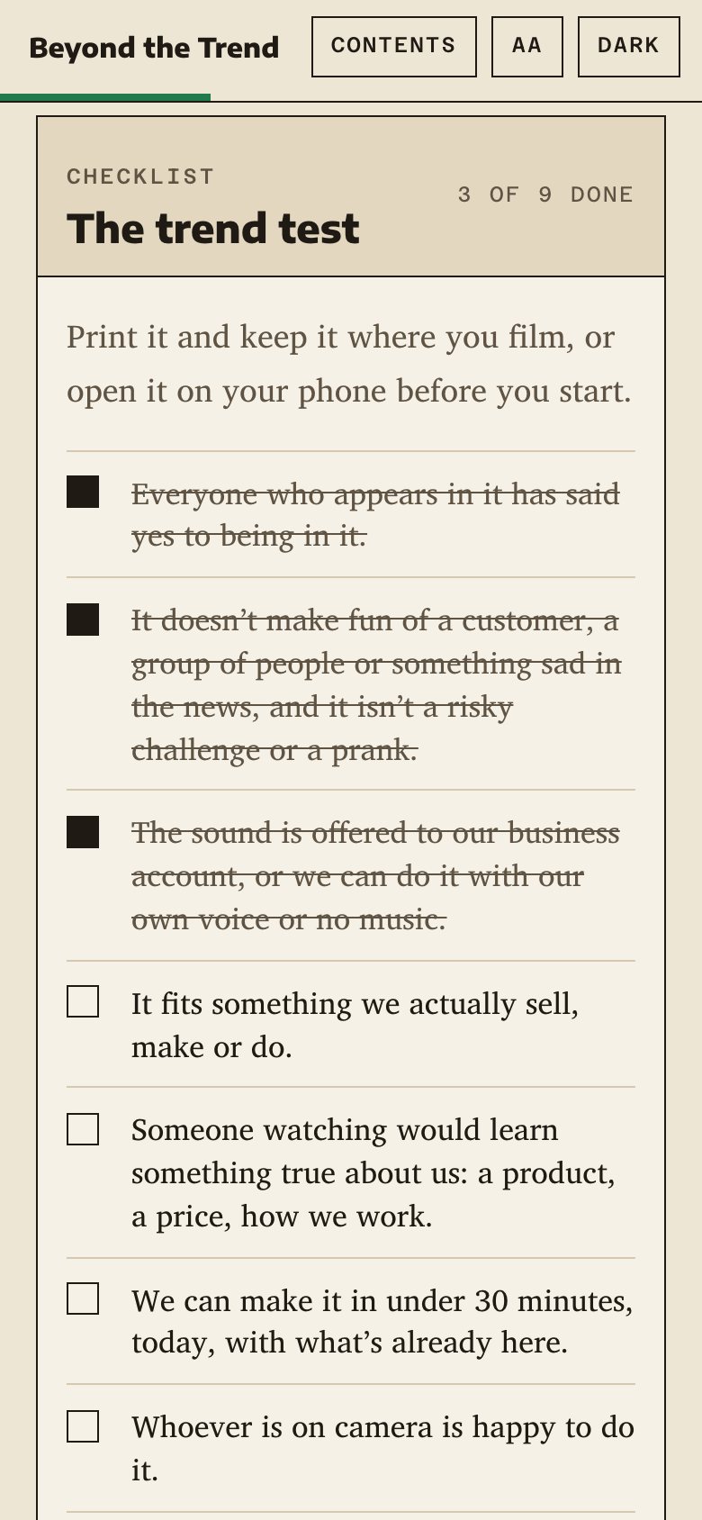 The trend test checklist in the web book, on a phone, with three items ticked.