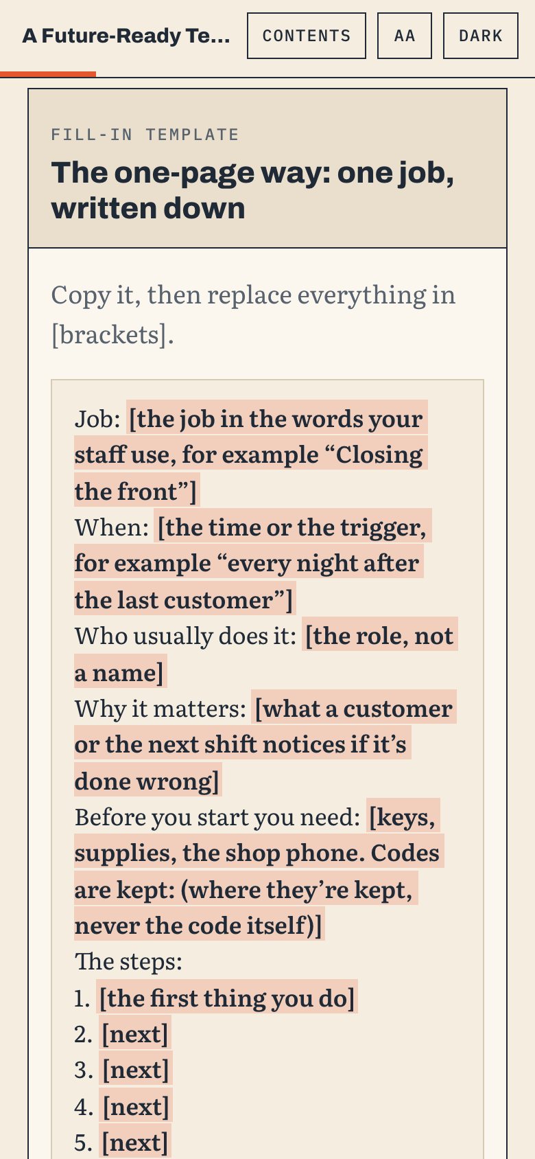 The one-page way template in the web book, on a phone.