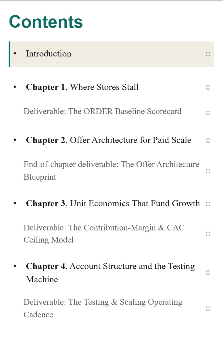 The contents of The 1,000-Order Playbook in the reader: the introduction, then Chapters 1 to 4, each followed by its tool.