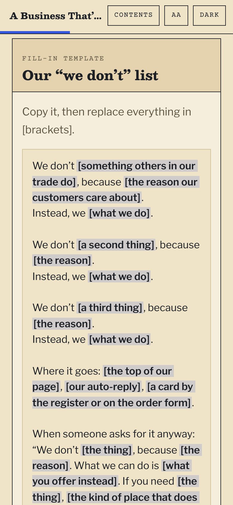 The “we don’t” list template in the web book, on a phone.