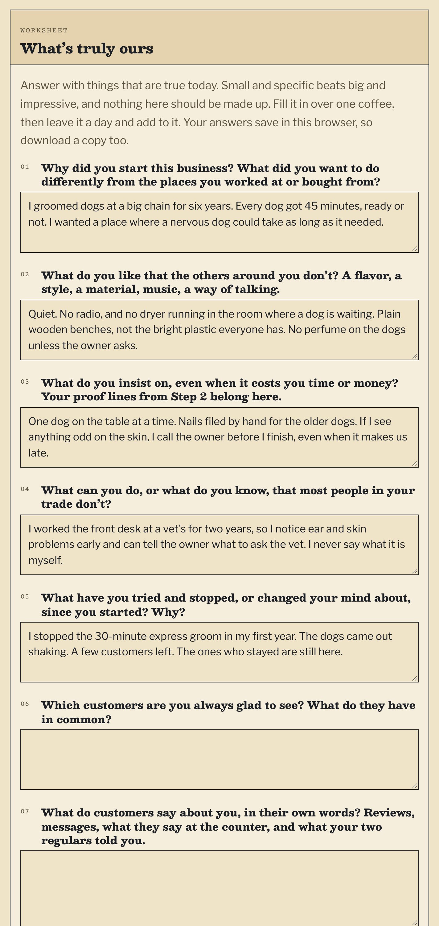 The What’s truly ours worksheet in the web book, part filled in with an example.