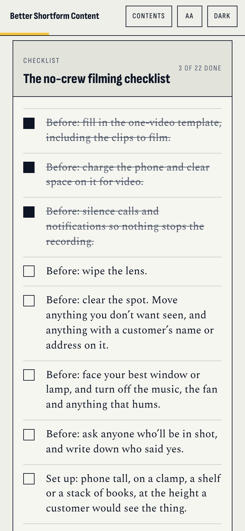 The no-crew filming checklist in the web book, on a phone, with three items ticked.