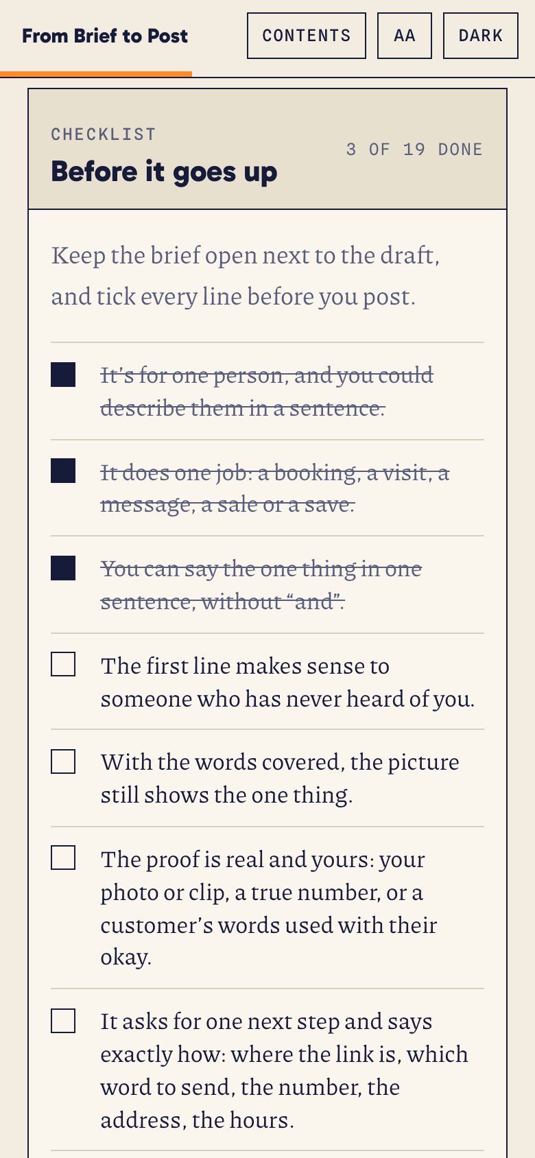 The Before it goes up checklist in the web book, on a phone, with three items ticked.