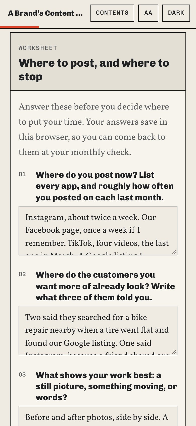 The where-to-post worksheet in the web book, on a phone, with a made-up example filled in.